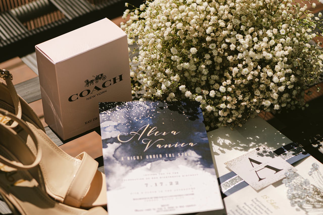 services-03 A stylish wedding invitation set with shoes, luxury perfume, and flowers.