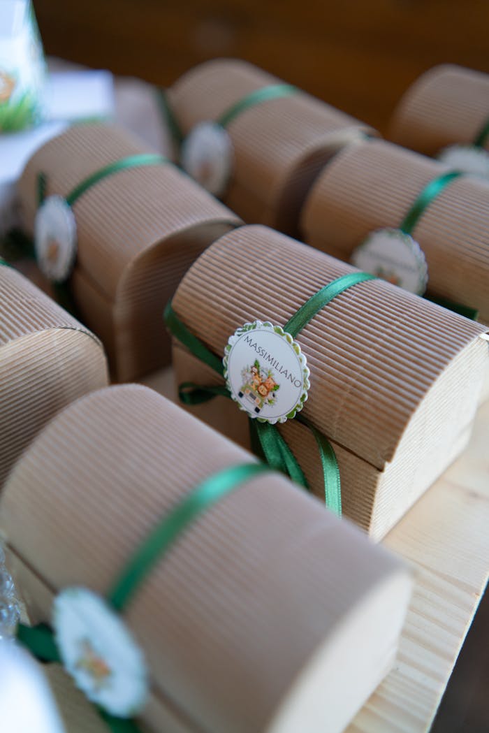 ours-journey Corrugated boxes tied with green ribbons, ideal for gifts and special occasions.
