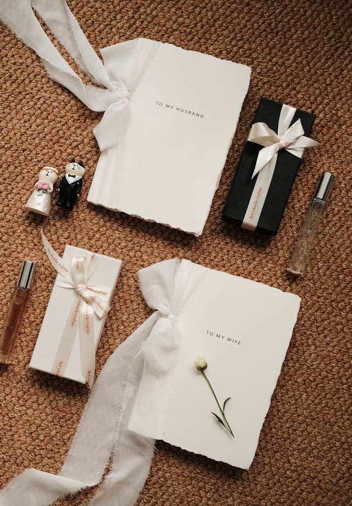 about-02 Stylish flat lay of wedding gifts with personalized notebooks and perfume on a textured background.